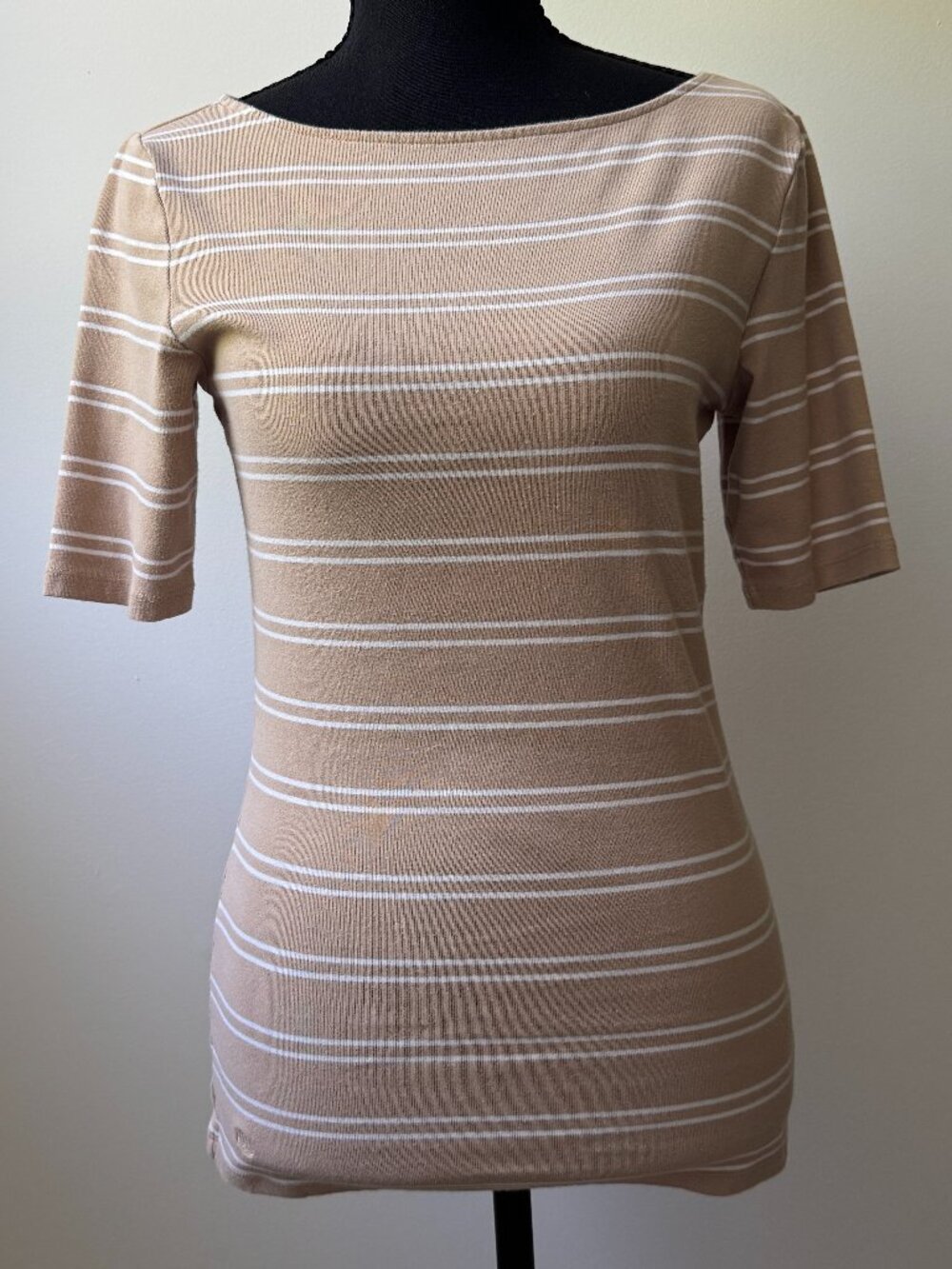 Lauren Ralph Lauren Striped Boat Neck Top Tan Camel White Short Sleeve Small S